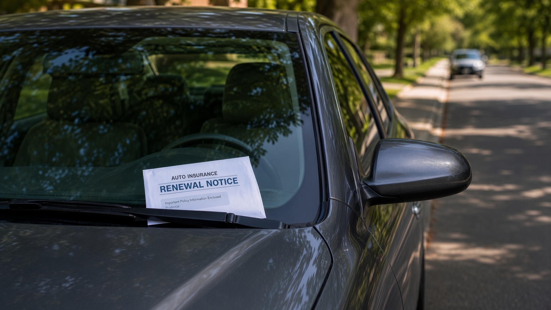 Car parked on a residential street with an auto insurance renewal notice visible on the windshield