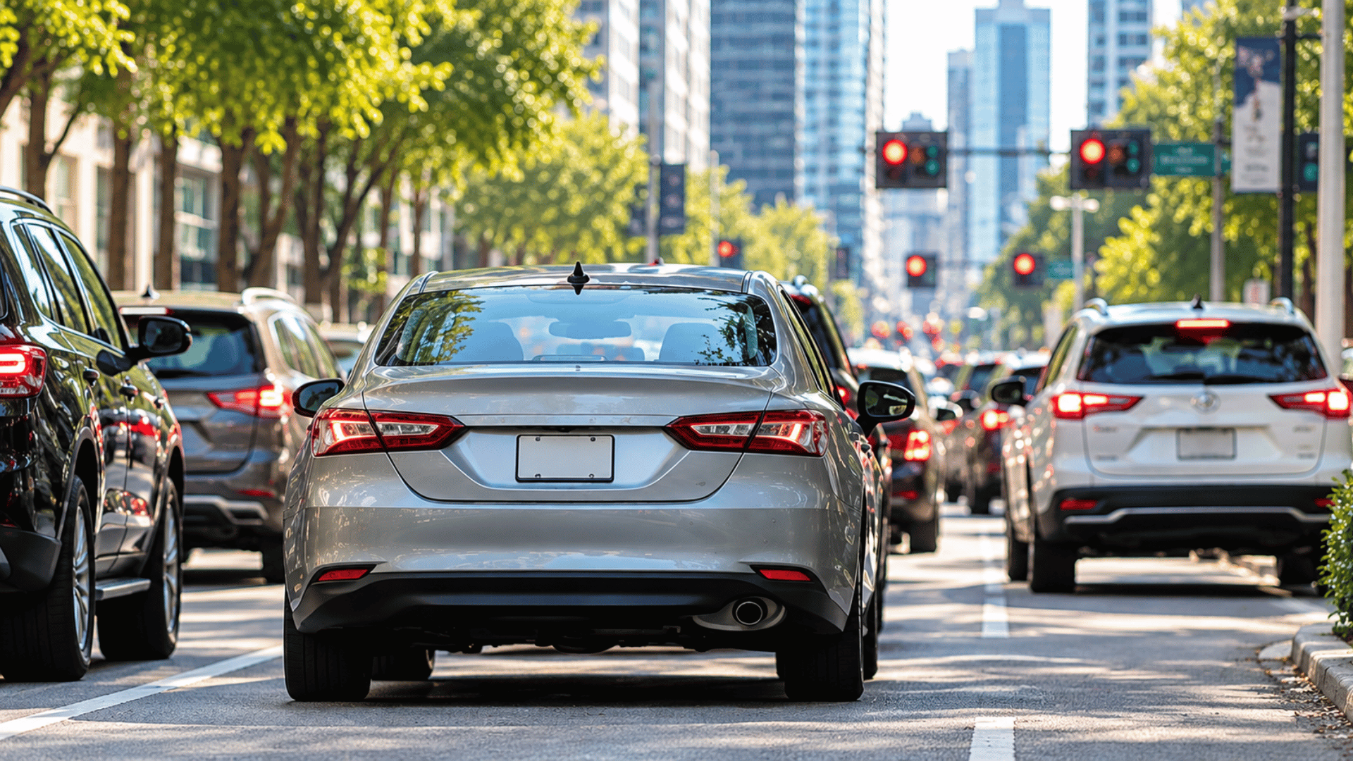 Cars driving through a busy city street